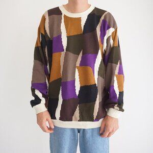 VTG Bachrach Colorblock Cotton Sweater Retro Eclectic Grandpa Statement Knit XL